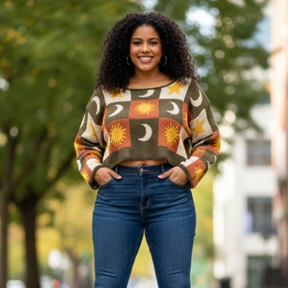 ROMWE Sweaters - ROMWE Women's Sun and Moon Crop Patchwork Sweater Sz 2XL - Olive, Mustard, Rust